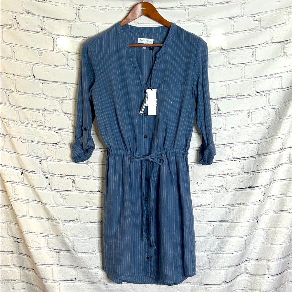 Michael Stars Linen Blue Striped Drawstring Waist Shirtdress Size Small